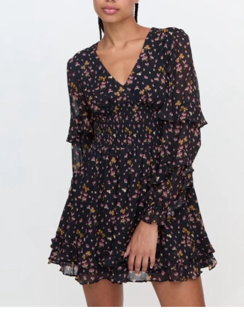 Hill House Home The Nari Black Floral V-Neck Long Sleeve Smocked Mini Dress